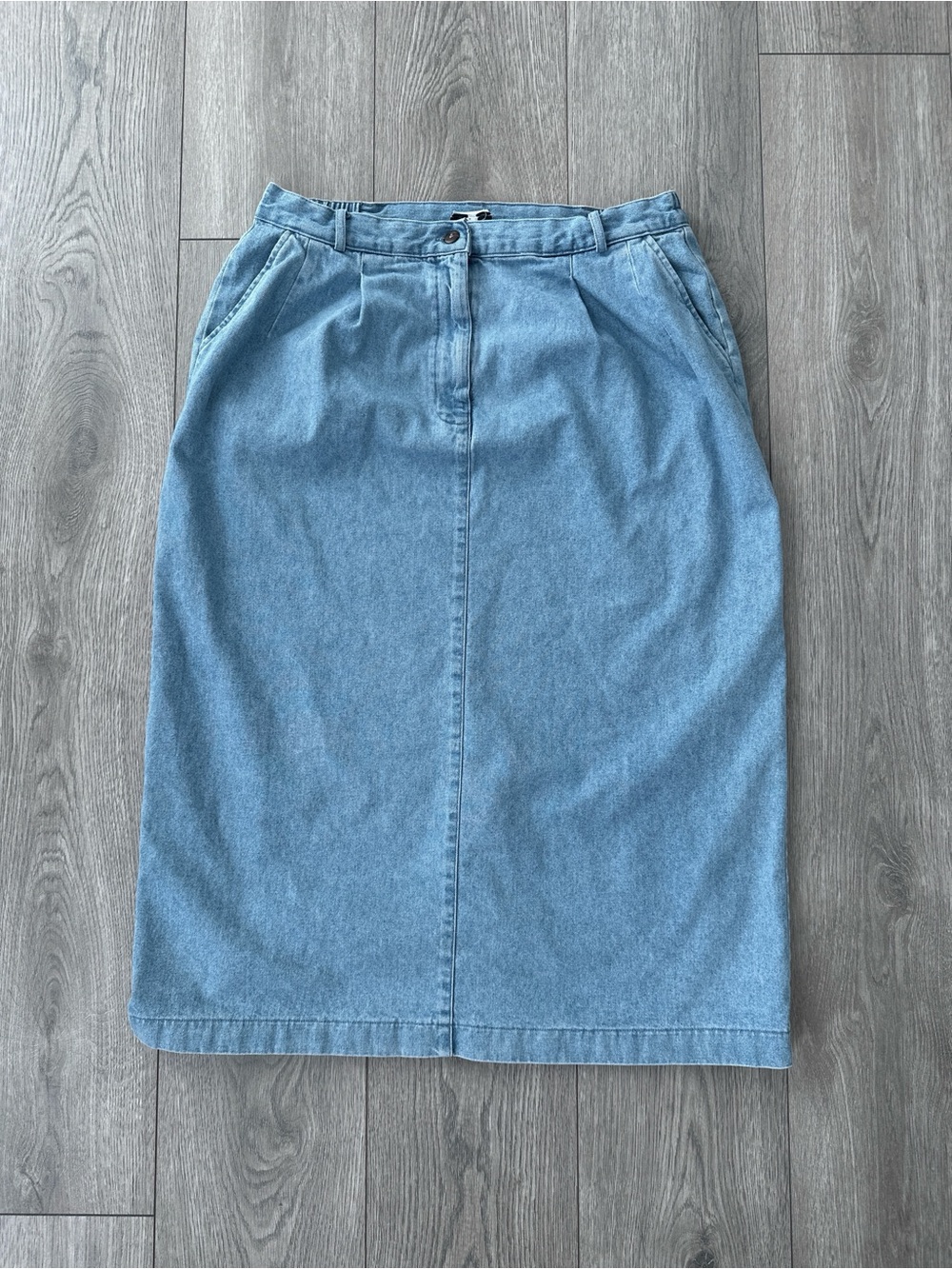 90s light wash denim midi skirt